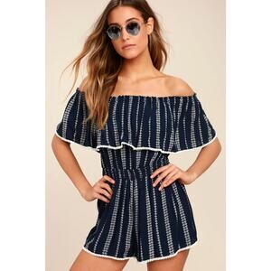 LULU'S | sz S Women's Blue/White Striped See Ya There Off Shoulder Ruffle Romper